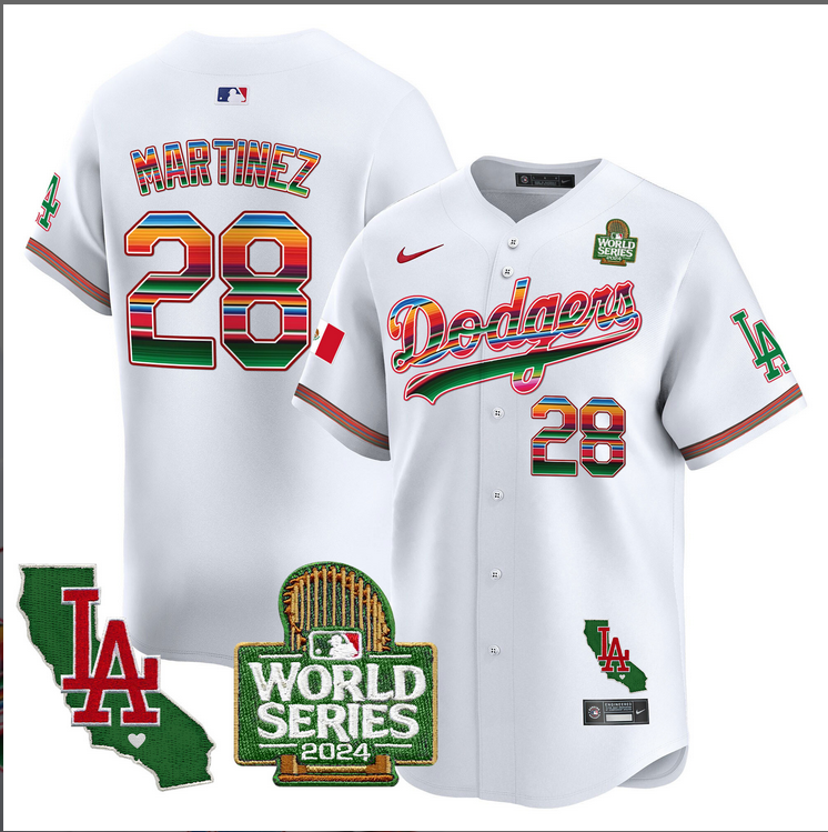 Men MLB Mexico Los Angeles Dodgers #28 Martinez white 2024 World Series Champions Patch Jersey 2024110 style 2->los angeles dodgers->MLB Jersey